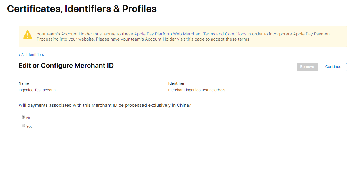 Merchant Id configuration page